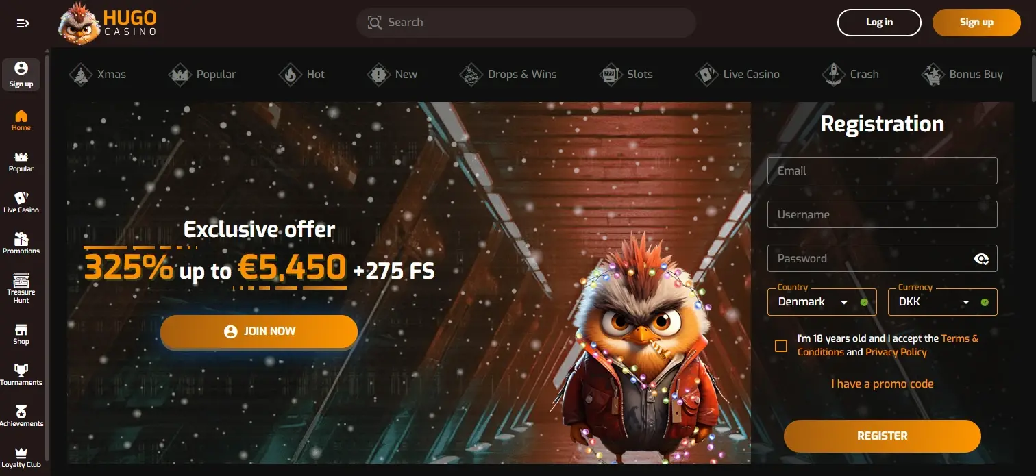 Hugo Casino homepage displaying a seasonal offer and built-in registration panel
