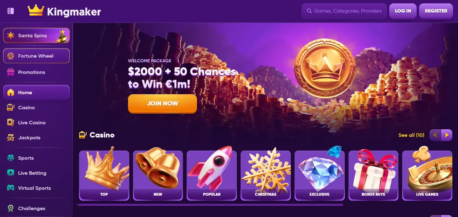 Kingmaker casino homepage showcasing themed promotions and category-based game shortcuts