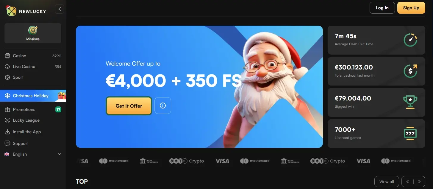 NewLucky casino homepage showcasing a seasonal promotion and platform highlights