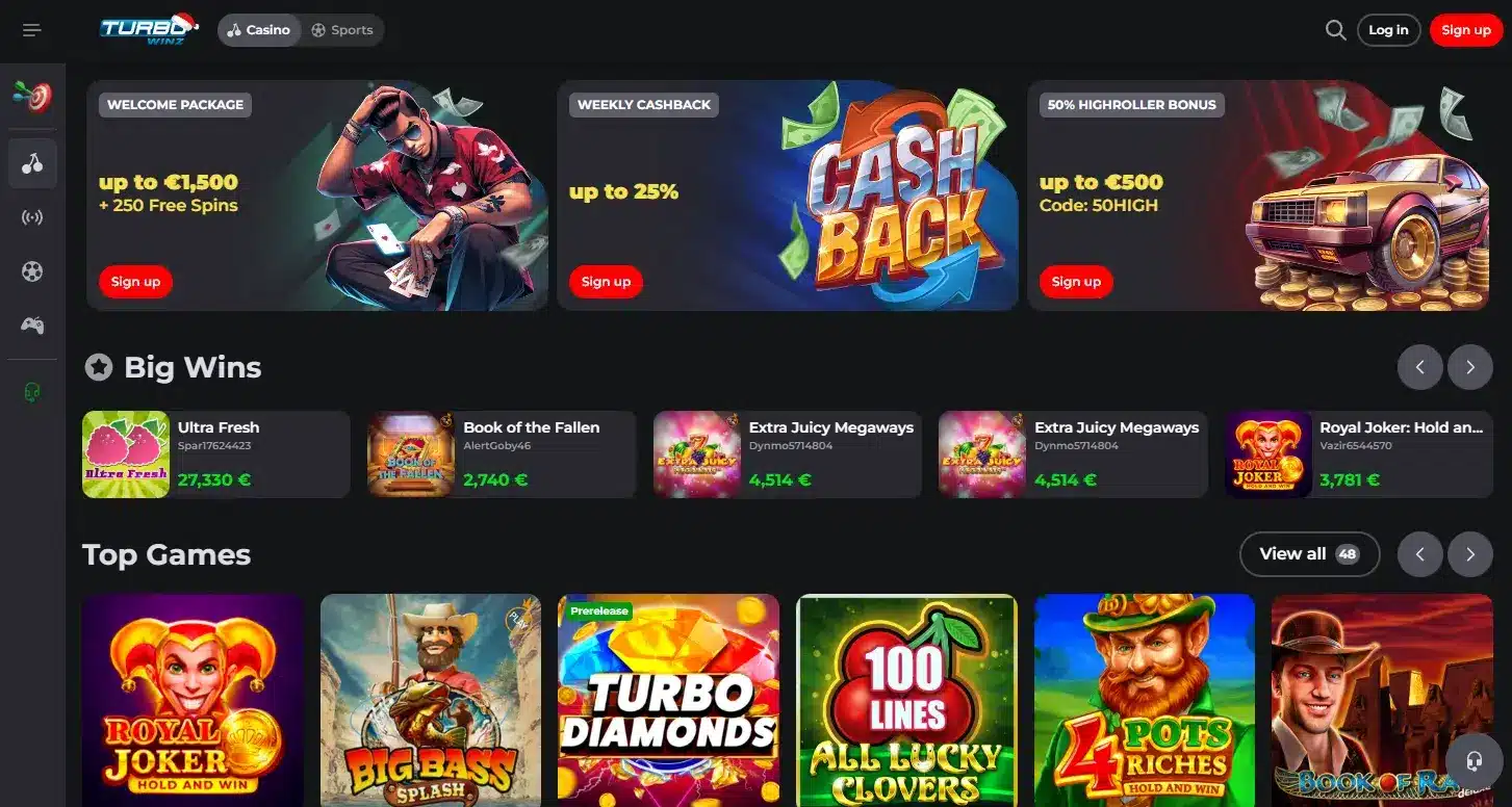 TurboWinz casino homepage displaying multiple promotional sections and featured games